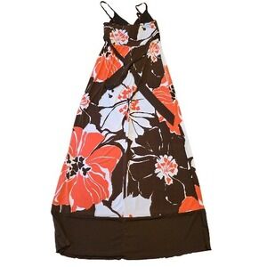 Coral Floral Print Spaghetti Strap Trixxi Maxi Dress Brown Trim Women's S
